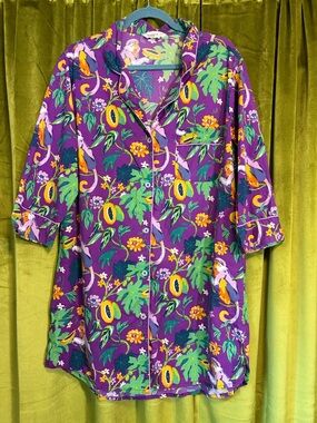 Printfresh Purple Cotton Pajama Shirt Nightgown with Monkeys and Fruit M $138